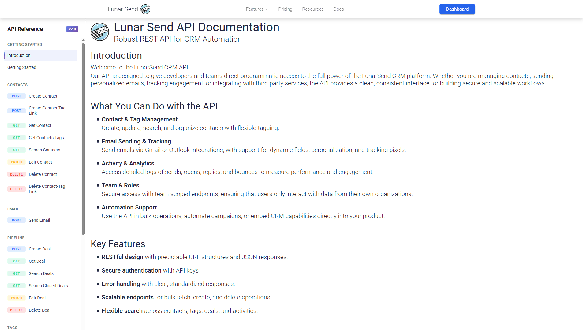 Lunar Send Contact Dashboard example