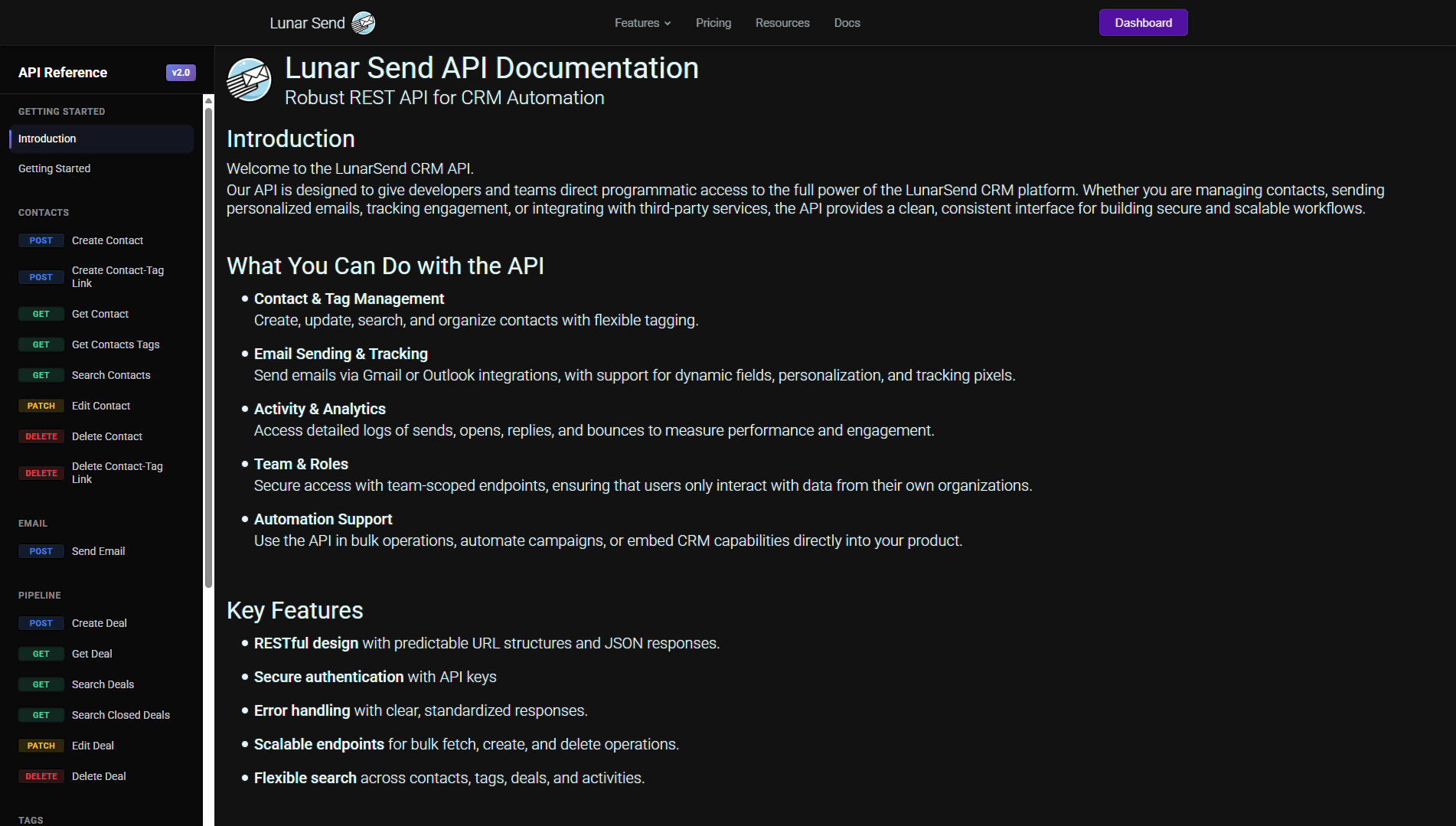 Lunar Send Contact Dashboard example